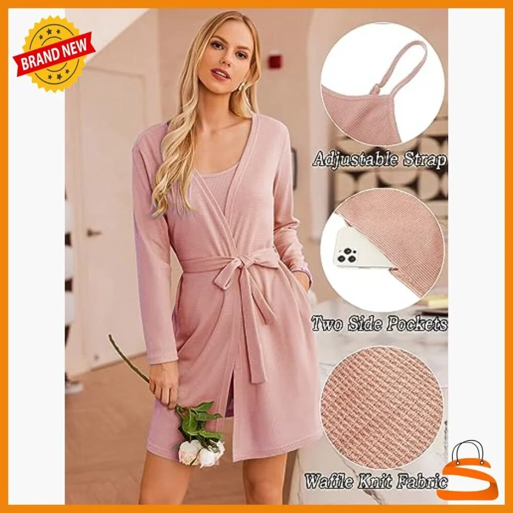 3 Piece Waffle Knit Lounge Set with Cardigan and Pockets S-XXL